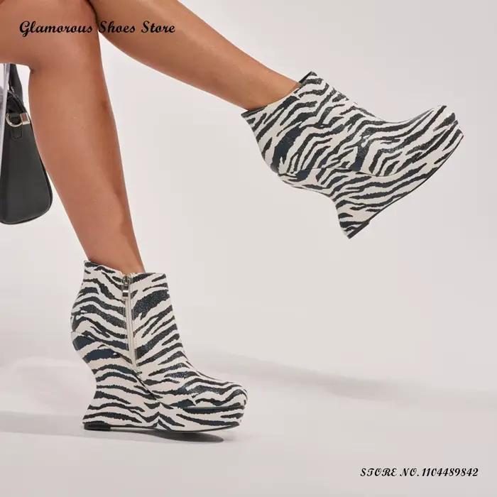 Bottines à plateforme à imprimé zèbre pour femmes, bout rond, talons de style original, chaussures de soirée, mode street style, grandes tailles, bottines à fermeture éclair.