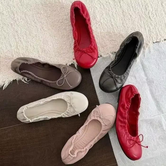 Chaussures de ballet élégantes rétro rouges à nœud papillon 2026 pour femmes, mocassins plats souples pour femmes, chaussures de ville polyvalentes, Zapatos Mujer