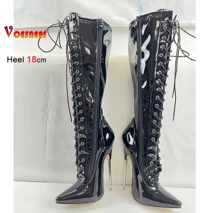 Noir 18 cm talon en métal genou haute femmes bottes boîte de nuit scène bout pointu pôle chaussures de danse en cuir verni dame talons couleur personnalisée