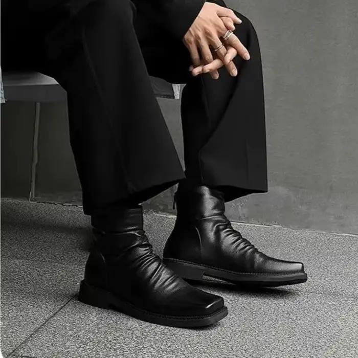 Vente chaude bottes en cuir pour hommes mode bout carré drapé décontracté Chelsea botte britannique haut de gamme Cool