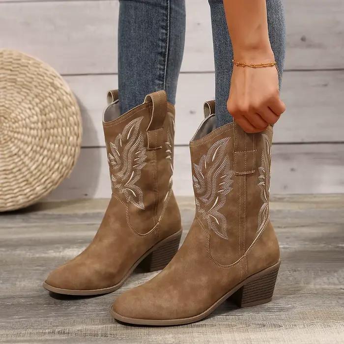 Bottes de cowboy western brodées pour femmes, bottes d'optique Parker pointues, talon carré, cheville, confort, style unique, automne-hiver, occassions variées ```