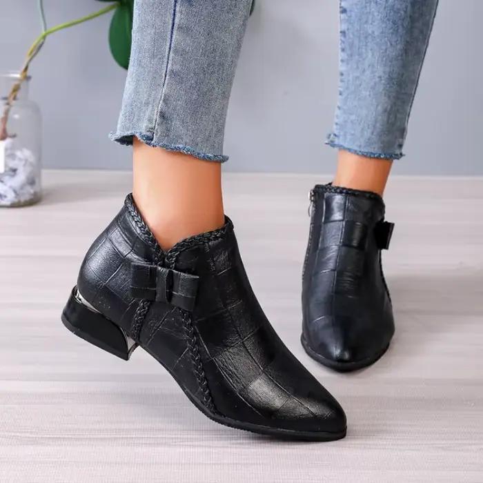 Nouvelles Bottines Femme 2026 à Bout Pointu et Talon Bas - Bottines Courtes Confortables en Cuir Souple avec Fermeture Éclair Latérale pour Automne Hiver