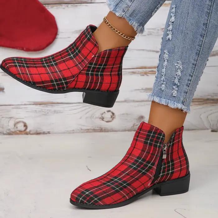 Bottes de rinçage à carreaux pour femmes, imprimé à carreaux de Noël, fermeture éclair, rétro, rouge, extérieur, chaussures à plateforme, chaussons latéraux classiques, 2024