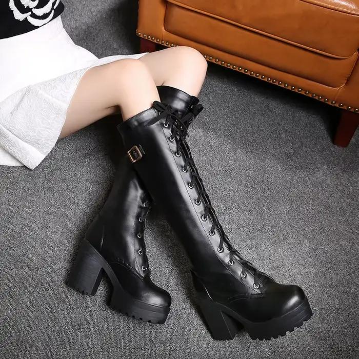 Gdgydh offre spéciale printemps automne laçage genou bottes hautes femmes mode blanc talon carré femme chaussures en cuir hiver PU grande taille 43