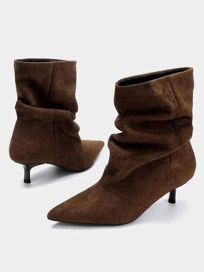 Bottines rétro en daim marron pour femme, à talon fin plissé, bout pointu, bottines courtes à talon bas, de marque de créateur