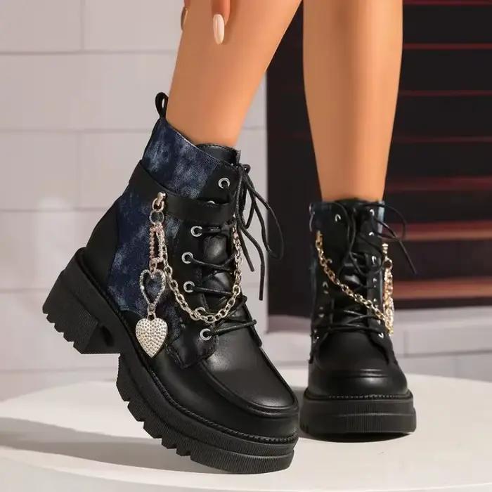 Bottes punk décontractées en cuir synthétique étanches avec talon carré pour femmes style de rue printemps automne