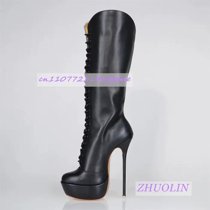 Bottes en cuir verni noir mat à talons fins et plateforme pour femmes, style de rue, printemps/automne, haute qualité, confortable, résistance à l'eau, idéal pour danser et sorties