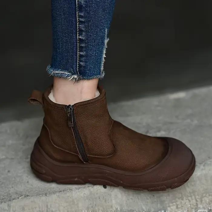 Careaymade-bottes en cuir véritable à bout plus large pour femme, chaussures de neige d'hiver à plateforme en fourrure, bottines à enfiler, chaussures chaudes en peluche pour femme