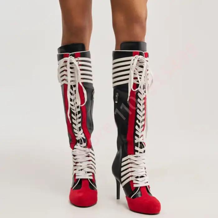 Nouvelles Bottes Hautes Rayées Bicolores Noir et Rouge 2026 pour Femme, à Lacets Intégraux, Talon Aiguille Fin, Style Streetwear Tendance