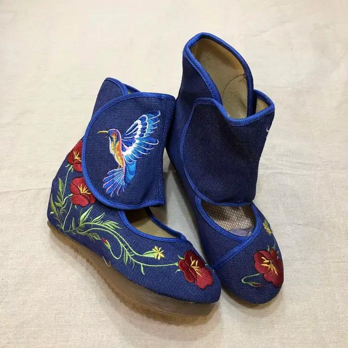 Veowalk cheville Wrap femmes bottes décontractées colibri chinois Noble Mary Janes à l'intérieur augmenté broderie pompes chaussures en tissu
