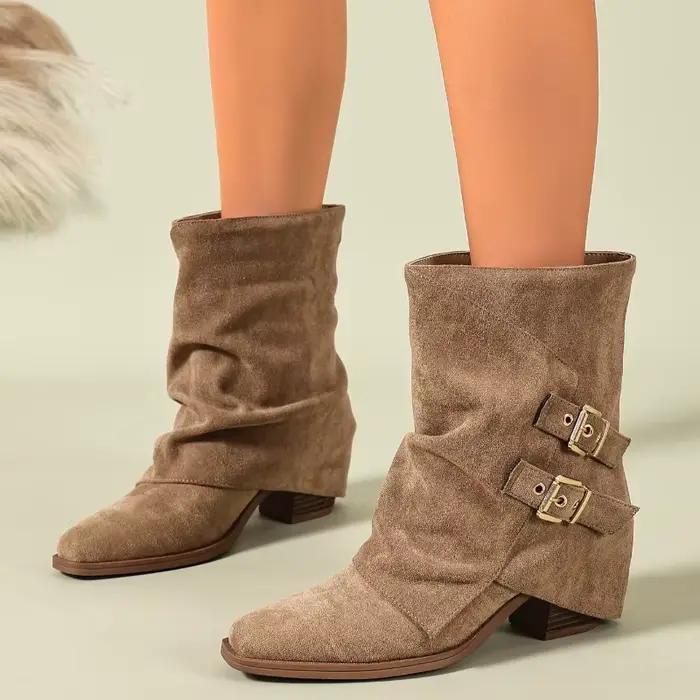 Bottes rétro en daim pour femmes, bottes décontractées à la mode avec boucle de ceinture, bottines à plateforme de créateur, style européen et américain, bottes courtes pour femmes