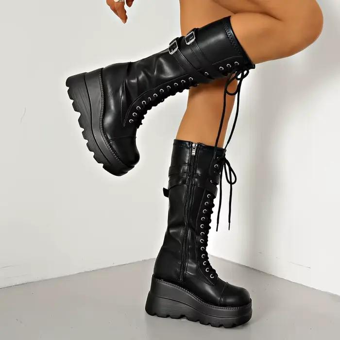Bottes de moto style punk sombre à talon épais avec boucle de ceinture