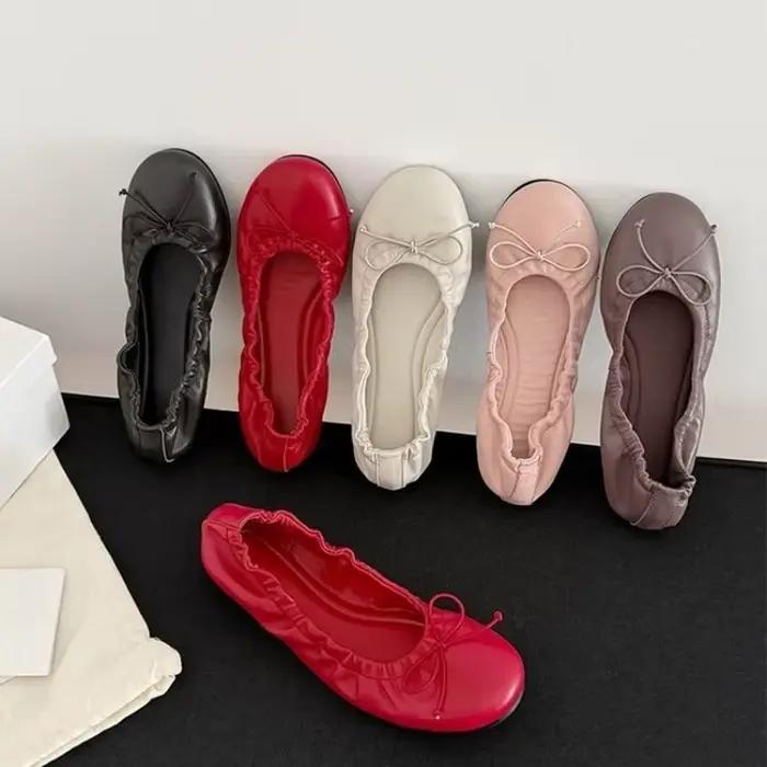Chaussures de ballet élégantes rétro rouges à nœud papillon 2026 pour femmes, mocassins plats souples pour femmes, chaussures de ville polyvalentes, Zapatos Mujer