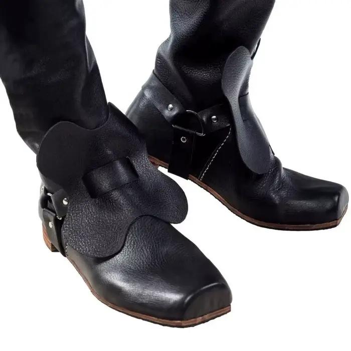 Bottes de pirate pour hommes avec sangle à pétale, polyester robuste, bout carré et talon bas pour cosplay médiéval et Renaissance