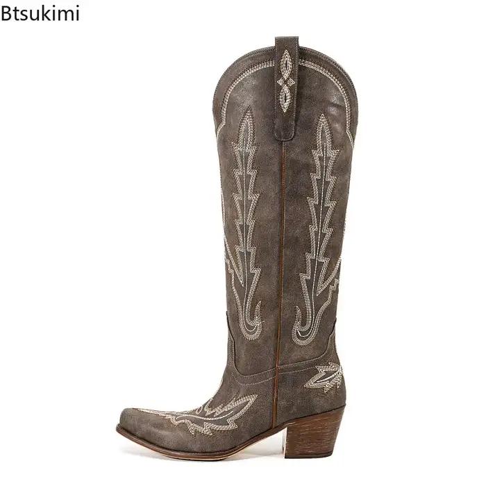 Bottes d'équitation rétro brodées pour femmes, bout pointu, talon épais, hauteur des genoux, printemps-automne, bottes de Cowboy occidentales pour filles