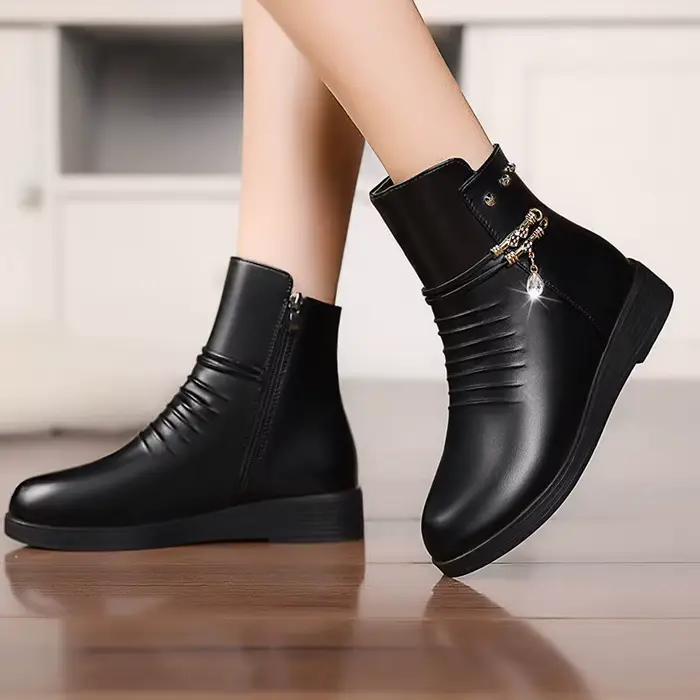 Bottes de neige pour femmes, grande taille, chaussures d'hiver, bottes en cuir, hiver 2026, doublure en laine épaisse, cuir véritable