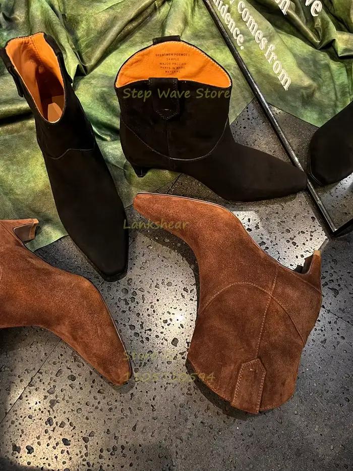 Bottines en daim marron et noir à talon mi-haut, bout carré, collection Runway 2026, chaussures habillées pour femmes, automne-hiver, couleur unie, fabriquées à la main.