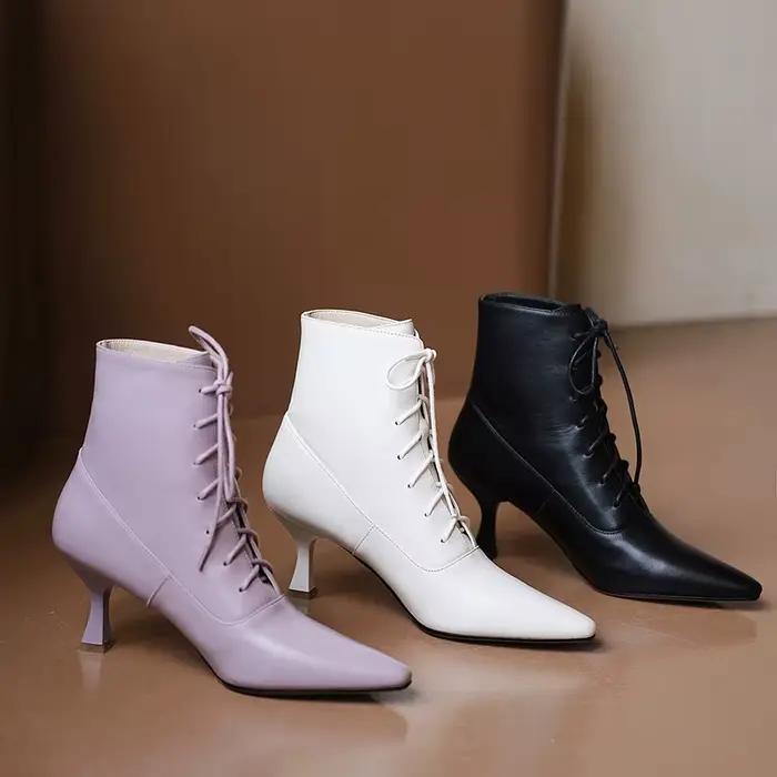 Bottines en cuir véritable à lacets pour femmes, chaussures modernes à bout pointu et à talons fins, faites à la main, croisées, tendance