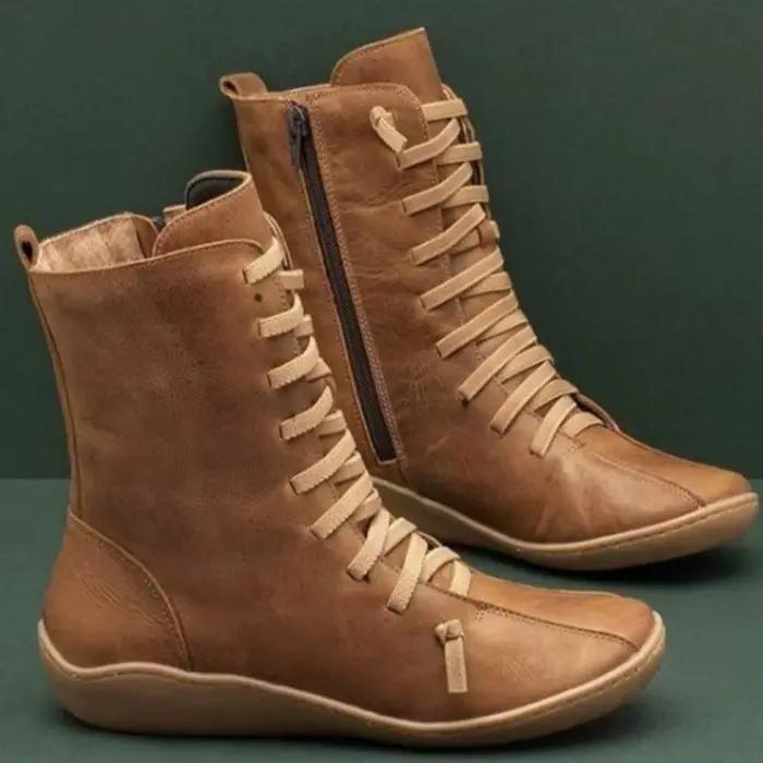 Bottes plates en cuir souple pour femmes, mode rétro, fourrure assortie, bottes de rinçage à lacets, hiver, nouveau