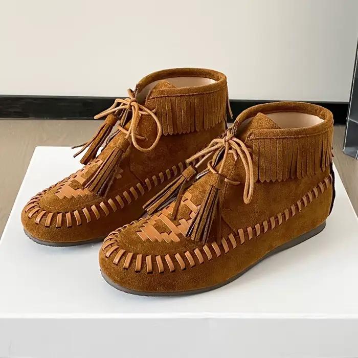 Bottines rétro en daim à lacets et pampilles pour femme, bottes courtes marron à bout rond, plates, antidérapantes, confortables, décontractées, tissées en Nubuck