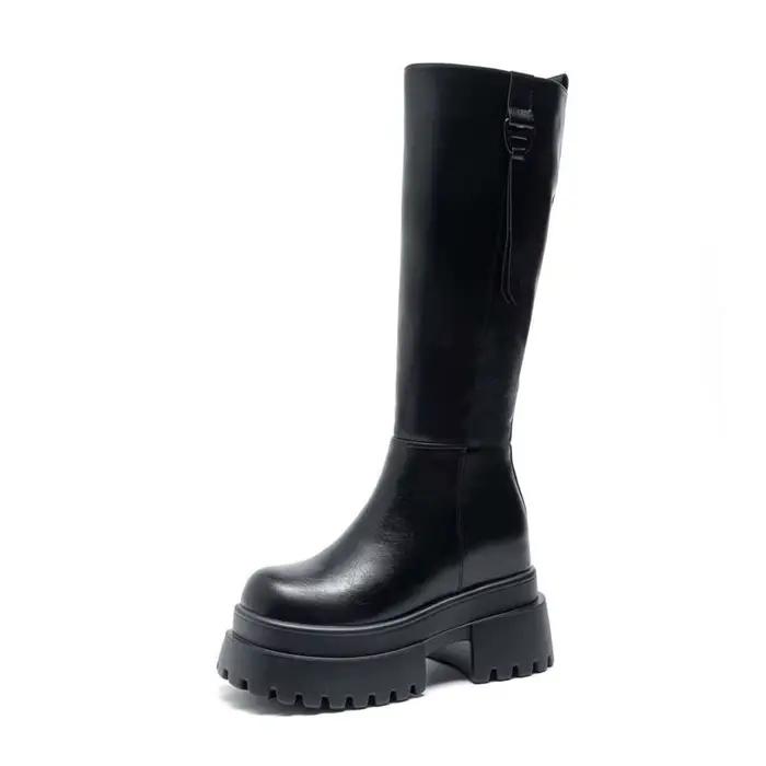 Fujin 10 cm femmes bottes hautes en cuir véritable plate-forme bottes talon épais mode équitation hiver tenue décontractée Streetwear