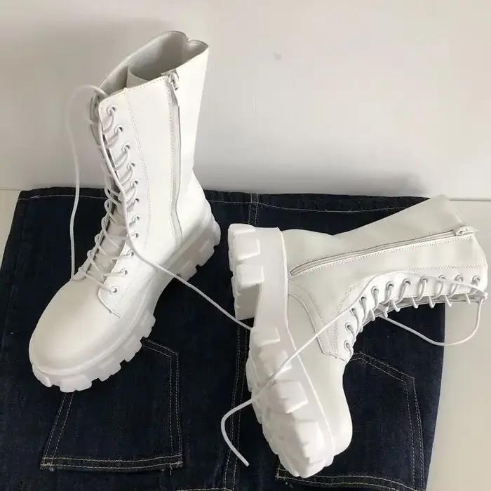 Bottes à plateforme confortables de couleur unie pour femmes, bottes à fermeture éclair latérale à lacets à la mode avec un Design confortable