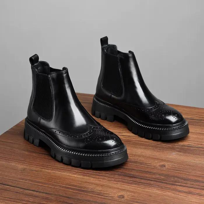 Bottes hautes pour hommes, mocassins à fond épais, motif sculpté, en cuir véritable, Style européen