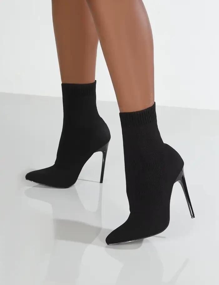 Bottes courtes à talons hauts pour femmes, chaussures noires, automne, hiver