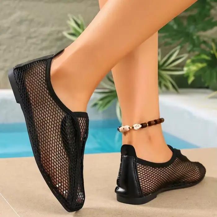 Filet de pêche creux bout rond plat unique chaussures femmes 2025 été nouveau maille peu profonde creux respirant sandales