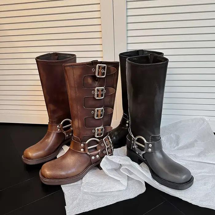 Bottes en cuir véritable marron pour femme