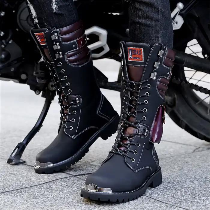 Nouvelles bottes de moto de grande taille pour hommes bottes de travail montantes en cuir PU semelle plate-forme chaussures de motard à lacets en plein air bottes gothiques Punk