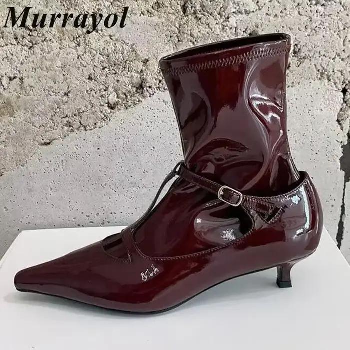 Bout pointu ceinture boucle conception bottes courtes femmes en cuir verni mince talons hauts cheville Botas automne