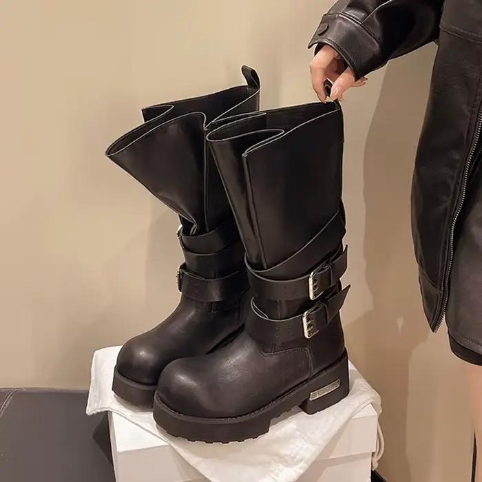 Haute qualité femmes plate-forme bottes mode Punk ceinture boucle semelle épaisse moto