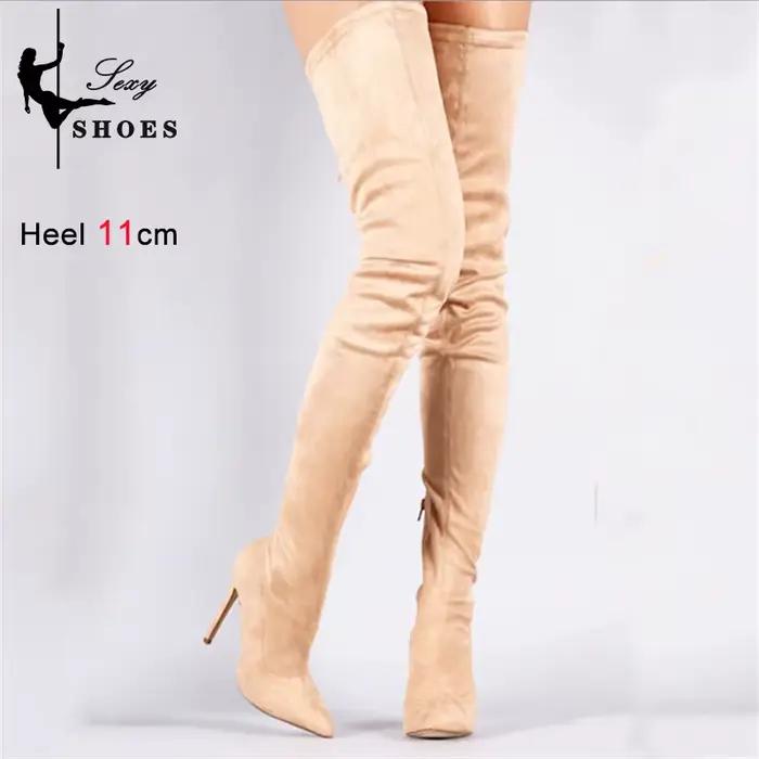 Daim Sexy sur le genou cuissardes longues bottes bout pointu extensible Sexy fête dame bottes couleur bonbon automne Winte chaussures pour femmes