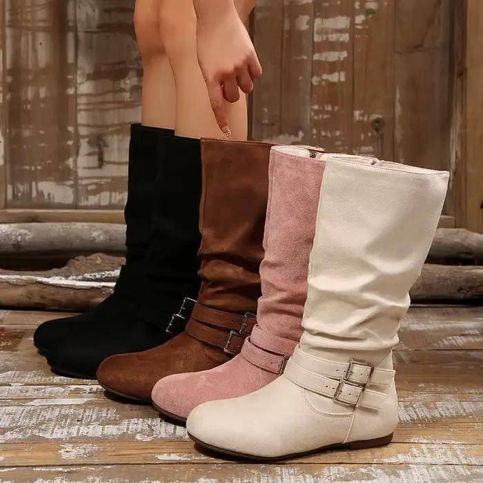 Bottes hautes plissées à bout rond pour femme, collection Printemps-Automne 2026, nouvelle tendance, avec bride à boucle, semelle souple et confortable