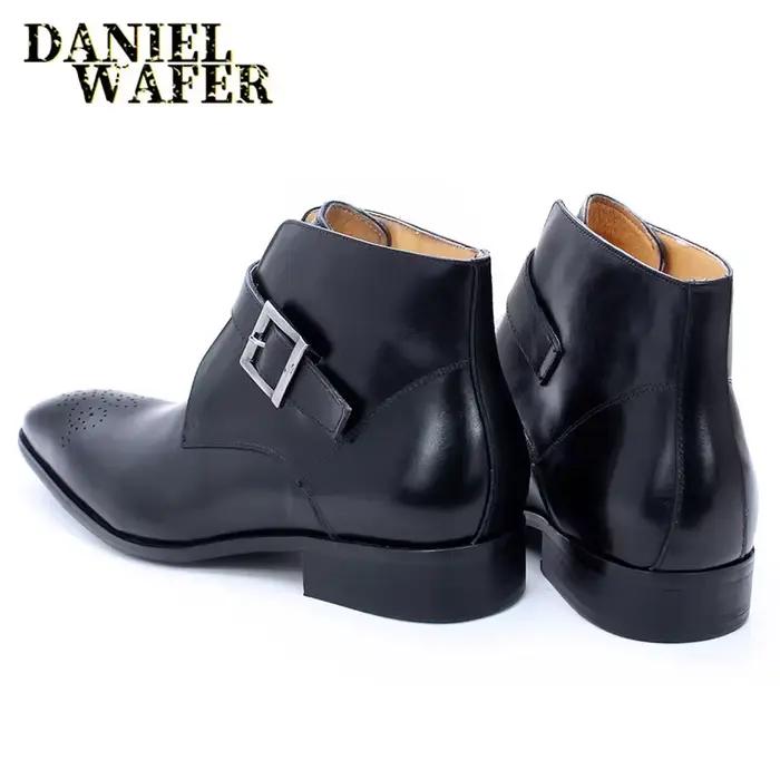 Bottes de rinçage en cuir véritable pour hommes, chaussures provoqué à enfiler avec sangle de structure, style décontracté basique, Parker pointu, noir et bleu, luxe