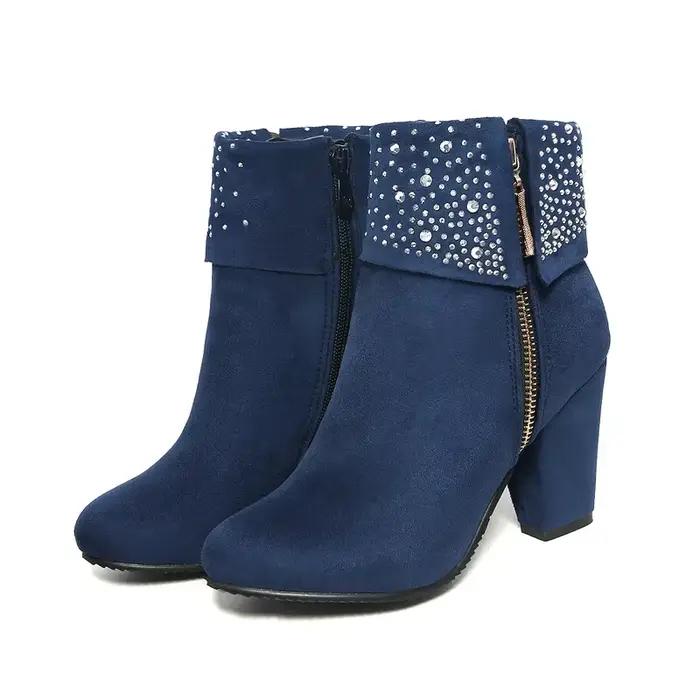 Bottines scintillantes pour femmes en flock avec strass cristal, talons hauts épais, chaussures chaudes d'hiver grandes tailles 32-47