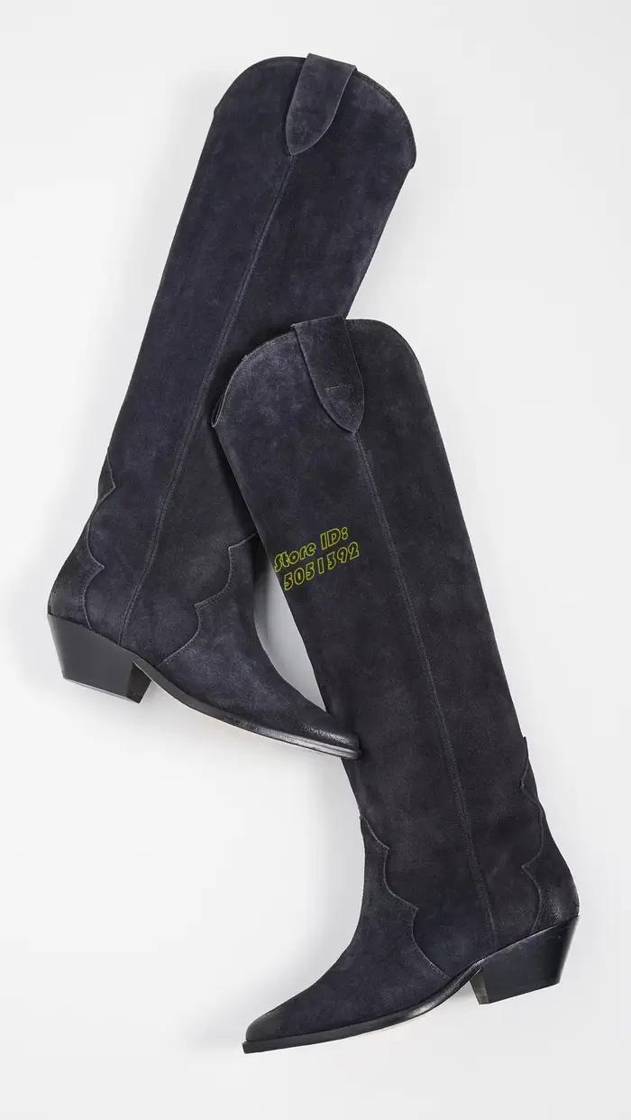 Bottes hautes en daim noir à talon carré, bout pointu sexy, talon moyen, faites à la main, style western cowboy, en cuir noir, Nouveautés