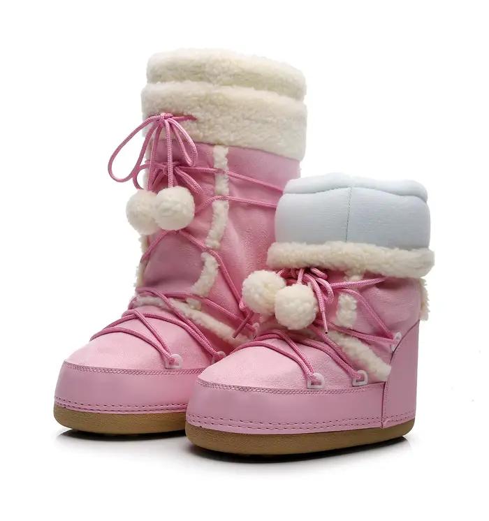 Bottes d'hiver blanches pour femmes, bottes de neige à semelle épaisse, bottes de Ski chaudes à plateforme mi-mollet, chaussures antidérapantes en coton, couleur rose