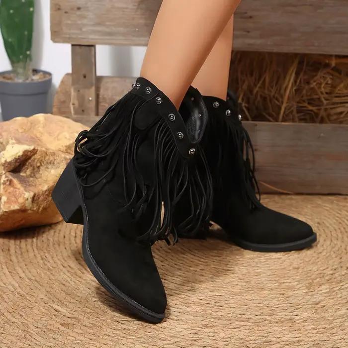 Femmes Cowboy bottes gland talons épais bout pointu chaussures