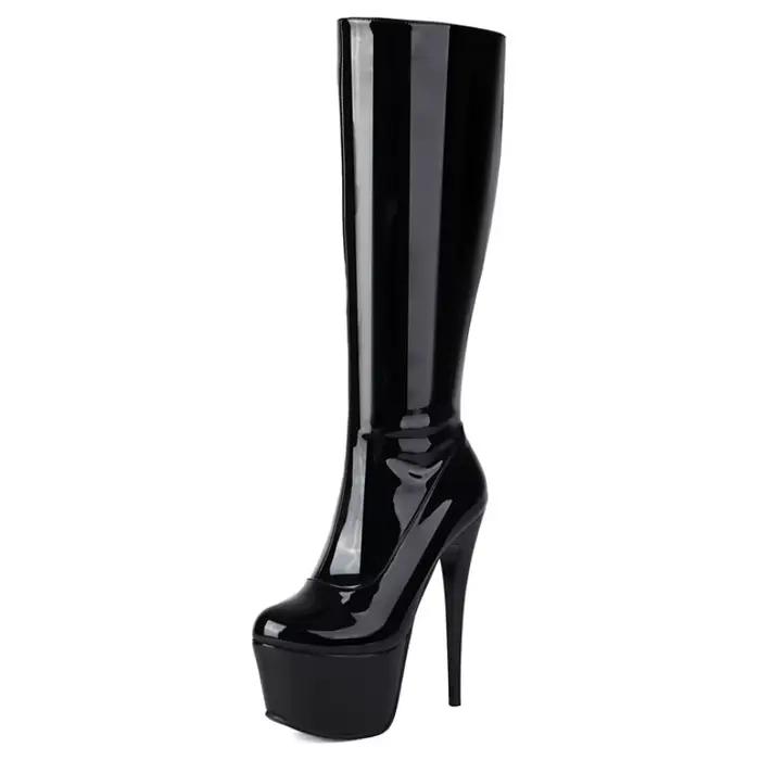 Bottes à plateforme au genou pour femmes, talons hauts noirs sexy, cuissardes, fête, boîte de nuit, chaussures pour filles, grande taille 48, hiver