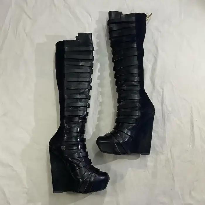 Bottes hautes en cuir noir talon compensé haut du genou bout rond fermure éclair polyesters pour femmes occasions spéciales automne-printemps