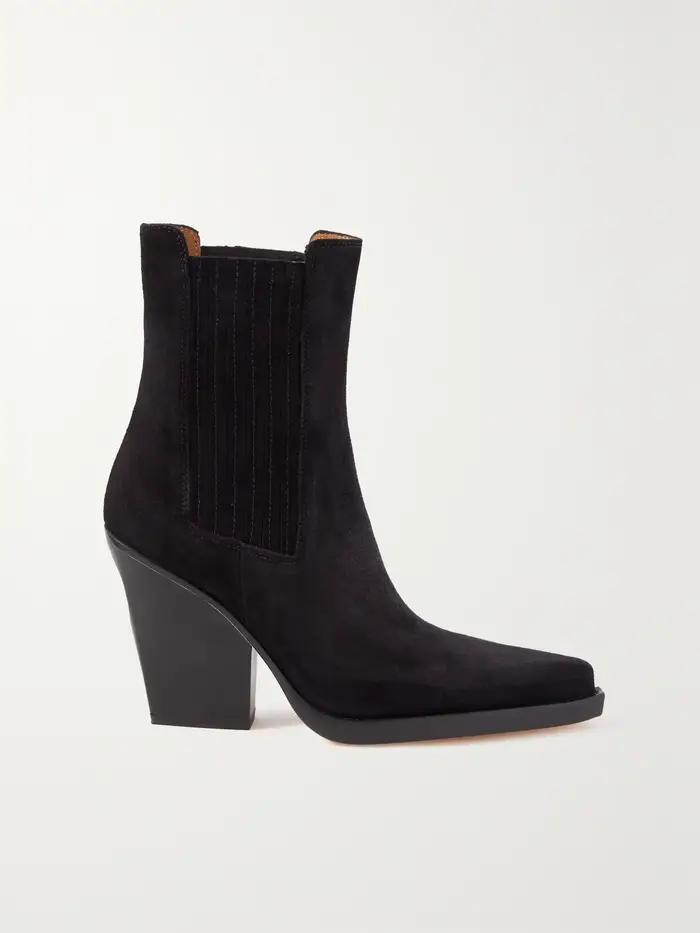 Bottines western en daim gris/noir/marron pour femme, à talon épais, décontractées, à bout pointu, nouvelle collection 2026, chaussures en cuir