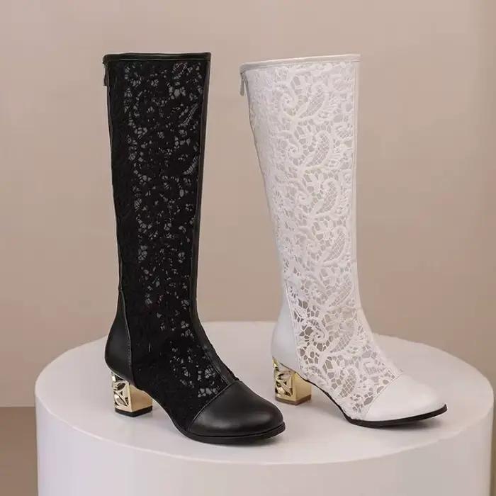 Printemps et automne mode nouveau style bottes pour femmes blanc doux dentelle évider genou longueur talons hauts femmes été cool bottes