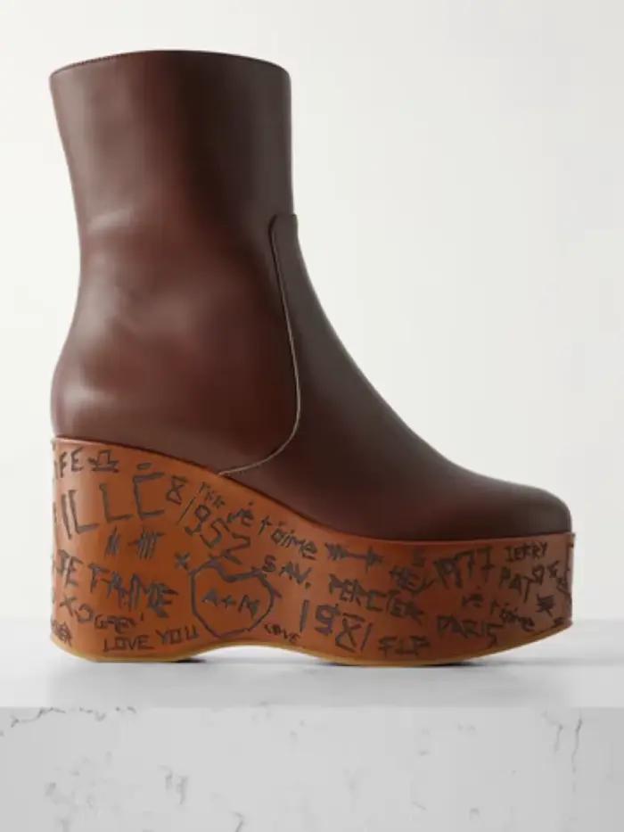 Bottines à plateforme en cuir pour femmes, style rétro punk, à la mode, avec semelle en bois imprimée, bout rond, fermeture éclair latérale, bottes courtes