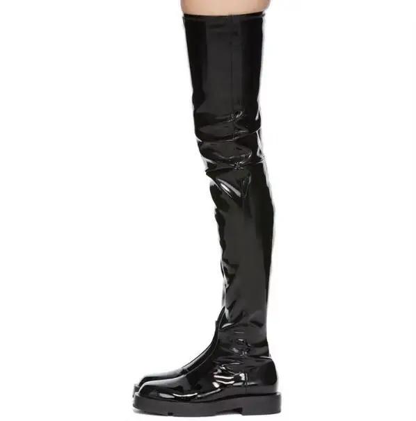 Cuissardes en cuir verni noir pour femmes, style urbain, bottes au-dessus du genou, étanches, confortables pour l'hiver, cadeaux pour occasions spéciales