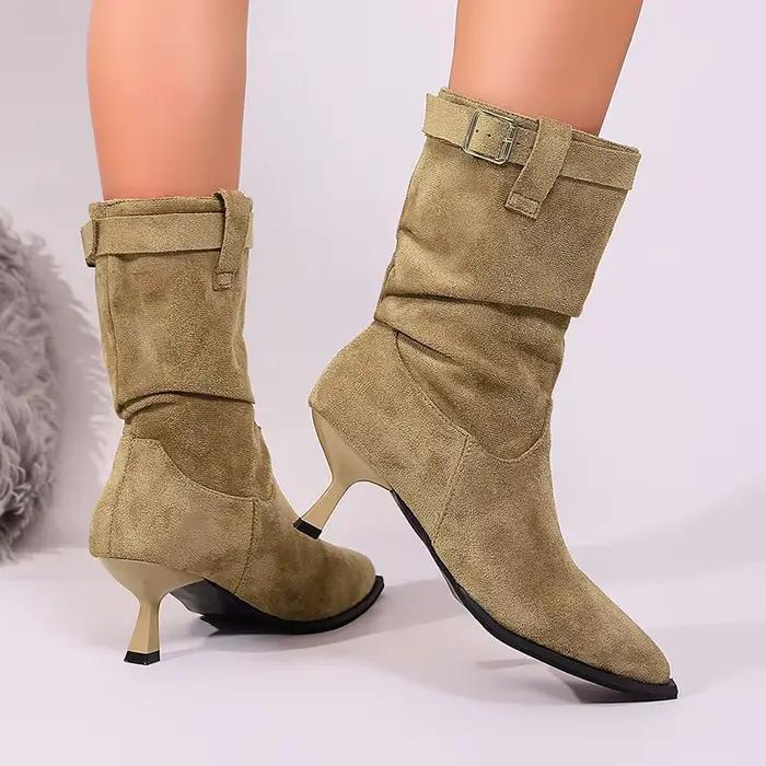 Bottines plissées à talons hauts pour femmes, collection automne 2026, en faux daim, à talon fin, bottes courtes à bout pointu, style cowboy