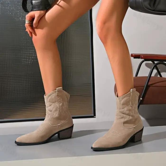 Bottines de Cowboy rétro en cuir pour femmes, confortables, brodées, Sexy, hautes, courtes, nouvelle collection printemps automne 2025