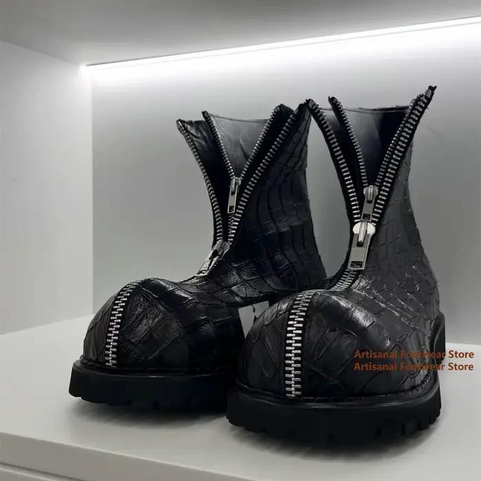 Bottes mi-mollet gothiques tendance pour hommes en cuir noir gaufré croco avec fermeture éclair avant