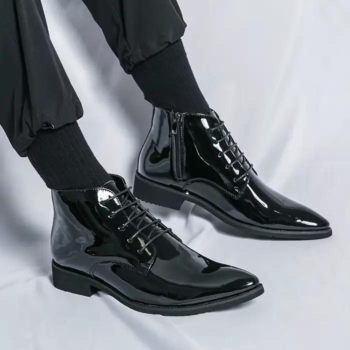 Bottes en cuir brillant pour hommes, haute cheville, bout rond, talons plats, violet, rouge, vert, pour occasions formelles et événements spéciaux